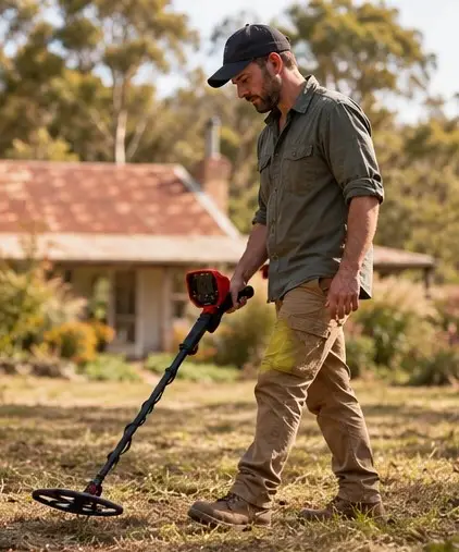 Person scanning the old property with a metal detector