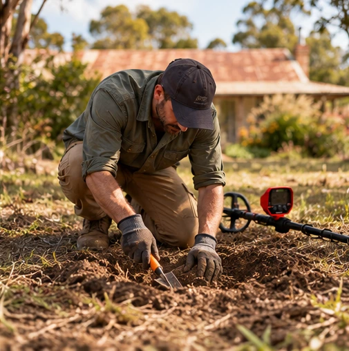 Careful hand excavation beginning at a marked detector signal