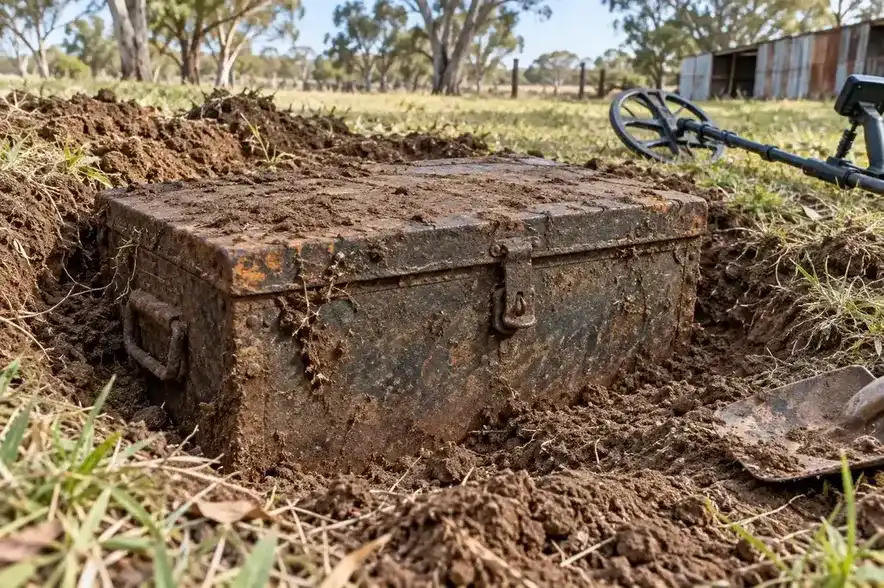 Old metal chest-like object partly removed from soil, weathered and covered with earth